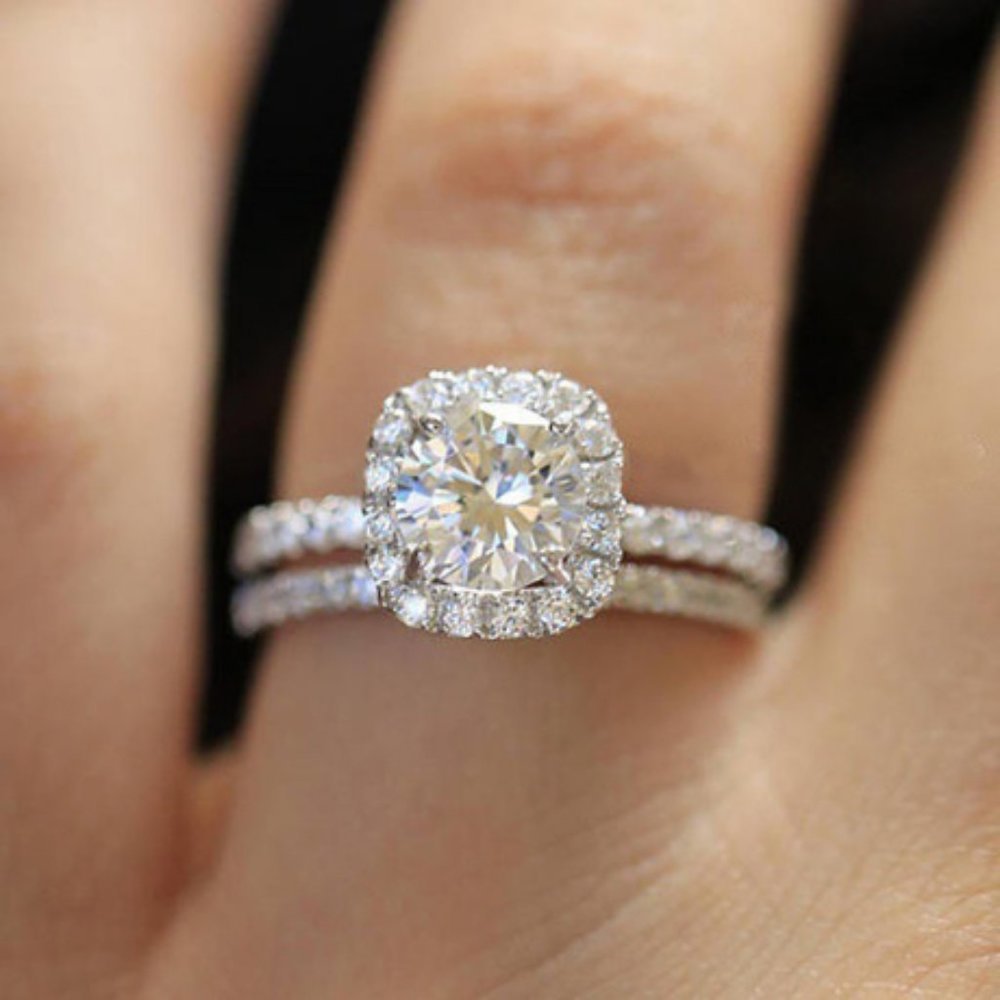 NEW 925 Sterling Silver Diamond Halo 2P Ring Set E - Picture 5 of 5